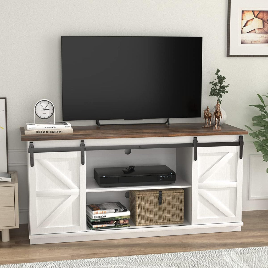 TV Stand for 65 Inch TV, Sliding Barn Doors, Bright White | Farmhouse Entertainment Center, Storage Cabinets