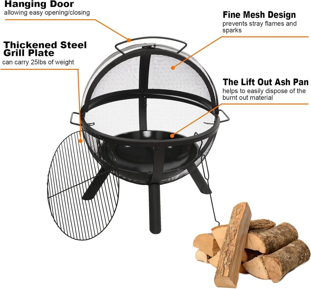 Globe Fire Pit with BBQ Grill - Spherical Wood Burning Fire Ball