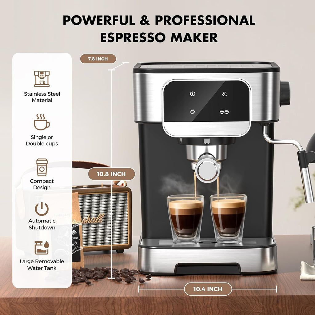 Compact 20 Bar Espresso Machine with Milk Frother & Touch Screen | 1200W Coffee Maker with 61OZ Removable Water Tank