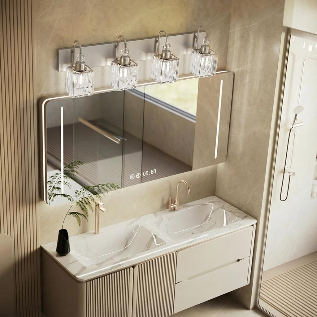 Crystal Brushed Nickel Vanity Light 4-Light Modern Bathroom Light Fixtures
