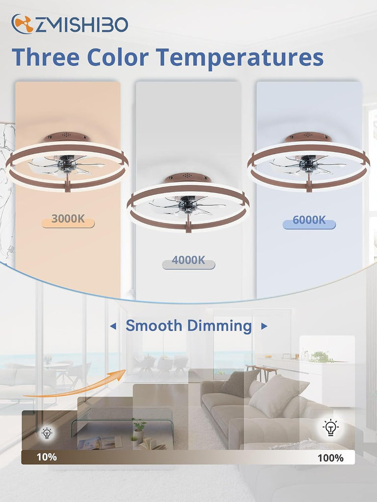 Ceiling Fans with Lights and Remote, 19.7'' Low Profile Ceiling Fan, 3000-6000K Dimmable Modern Flush Mount LED Fan Light, 6 Wind Speeds, Brown Fandelier Ceiling Fans for Bedroom