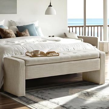 55" Modern Upholstered Storage Bench with Tufted Seat, Fabric Ottoman Bench , or Living Room, Soft Close Hinge,Beige