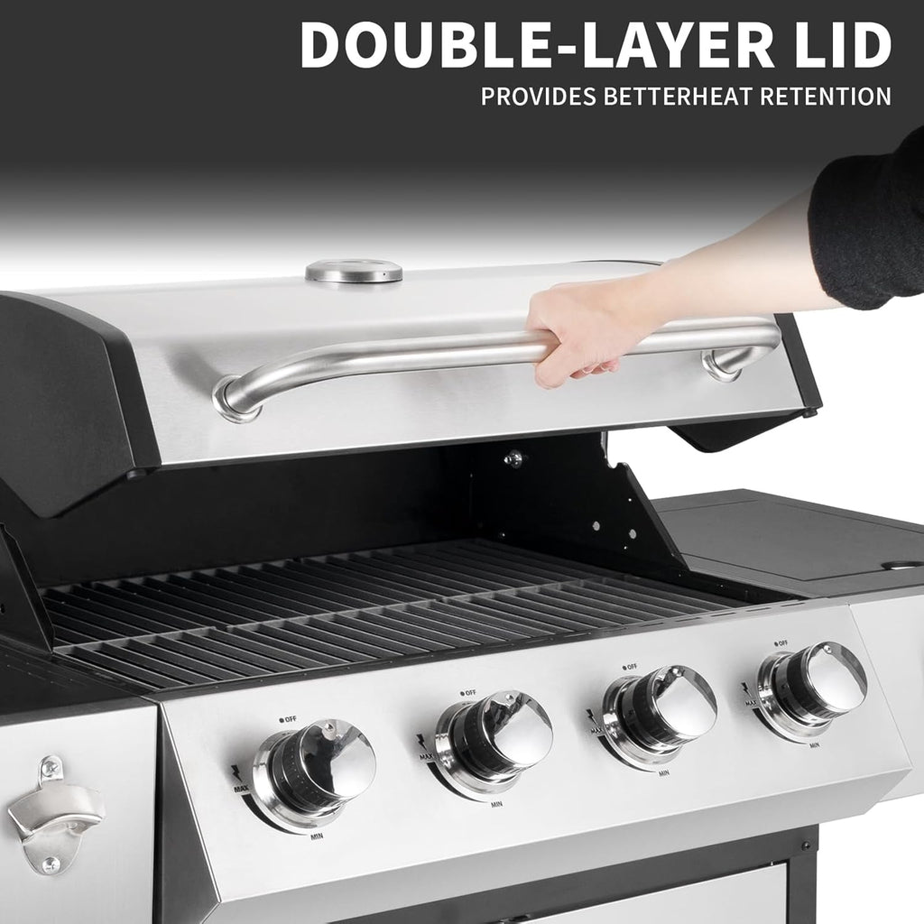 4-Burner Propane Gas Grill with Side Burner, 53,000 BTU BBQ Grill with Enameled Cast Iron Grates and Stainless Steel Cover for Patio and Garden