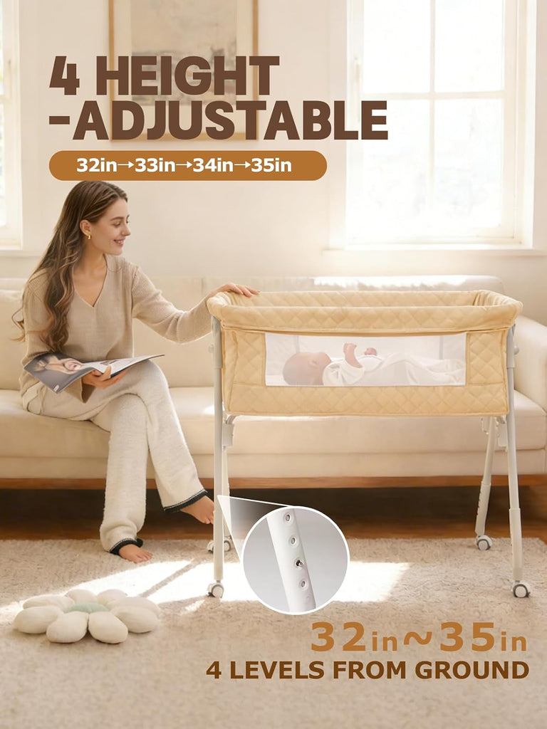 Bassinet Bedside Sleeper, Baby Bassinet with Crib Sheet and Wheels | 4 Adjustable Height Bedside Crib with Comfy