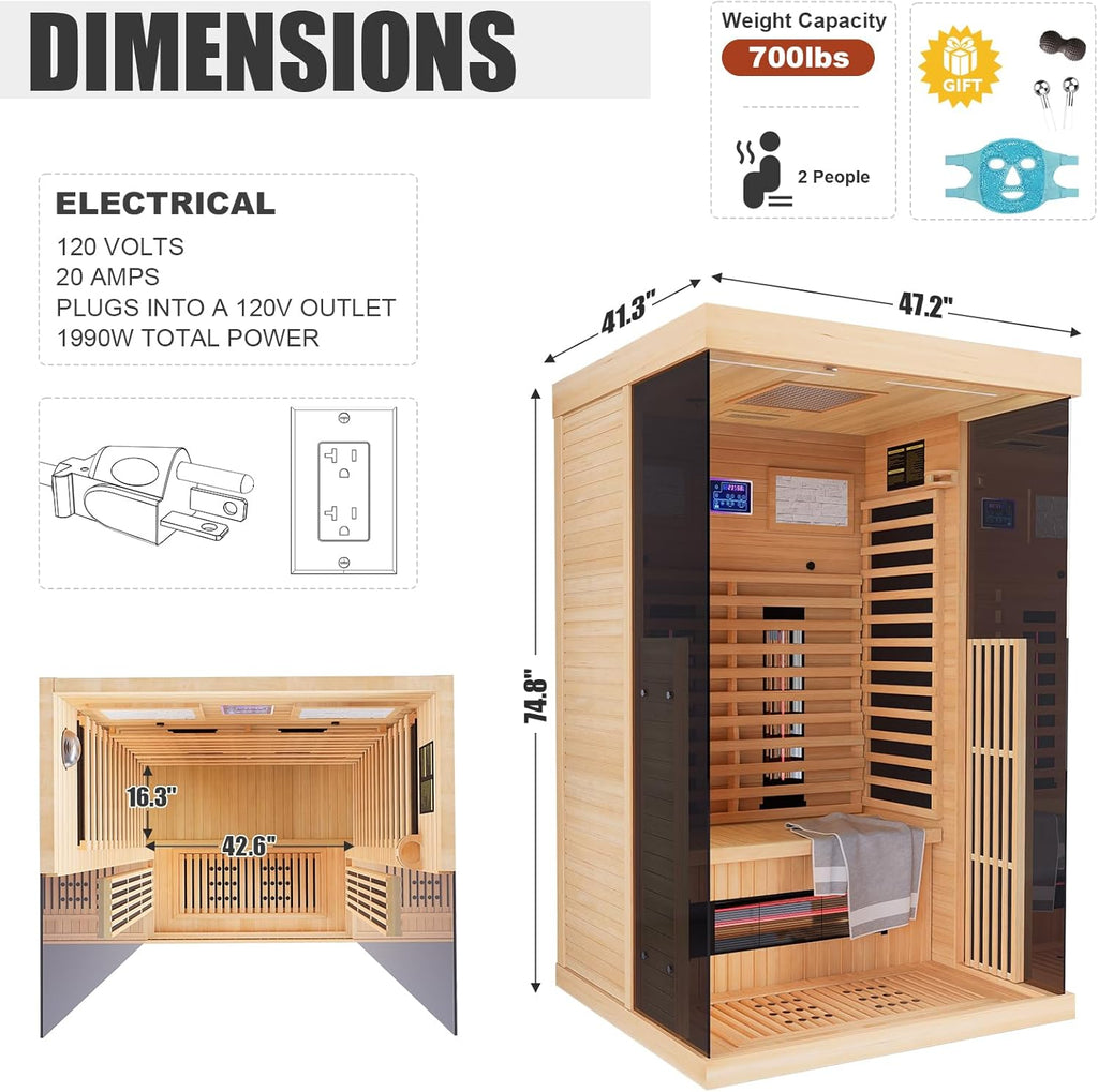 Full Spectrum Infrared Sauna，1-2 Person Home Sauna，Wooden Canadian Hemlock Indoor Spa Sauna with Resonance