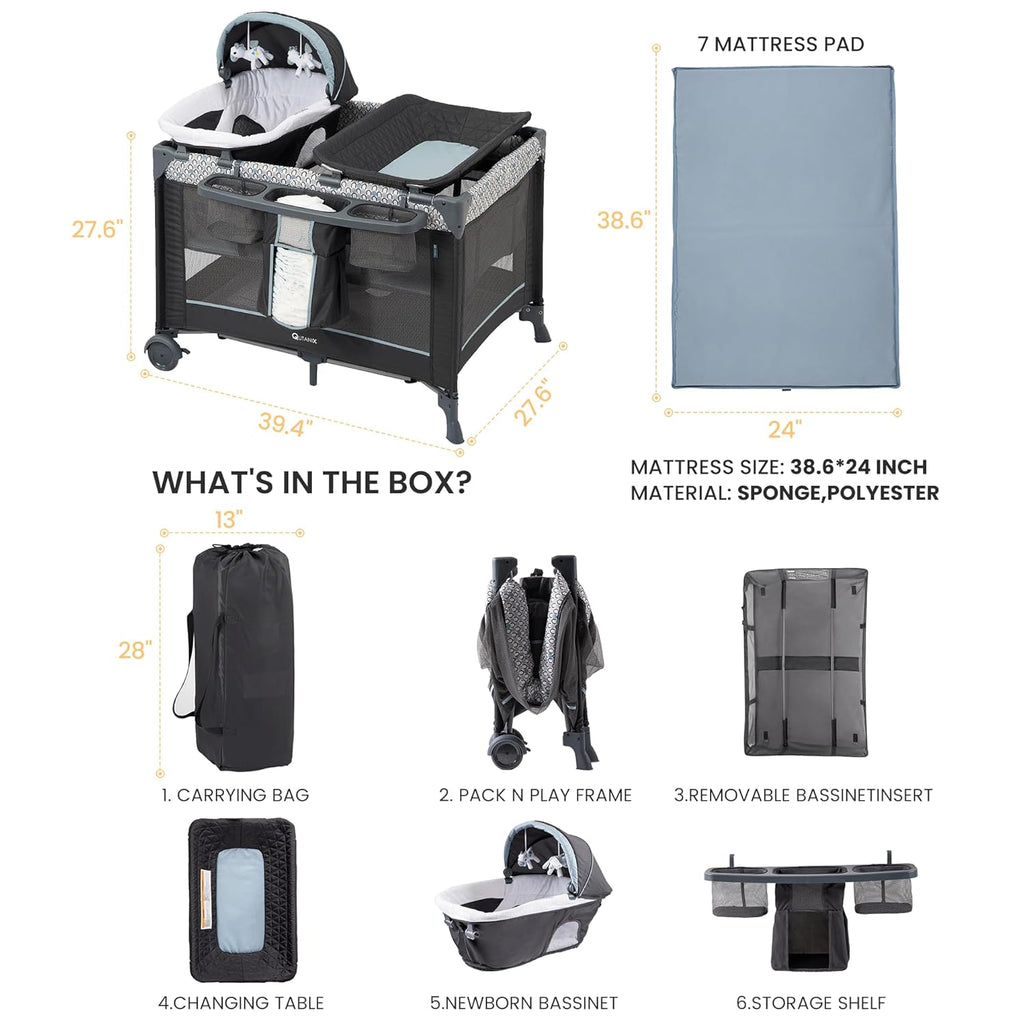 5 in 1 Multifunctional Pack and Play, Foldable Baby Crib with Bassinets,Changing Table,Newborn Napper with