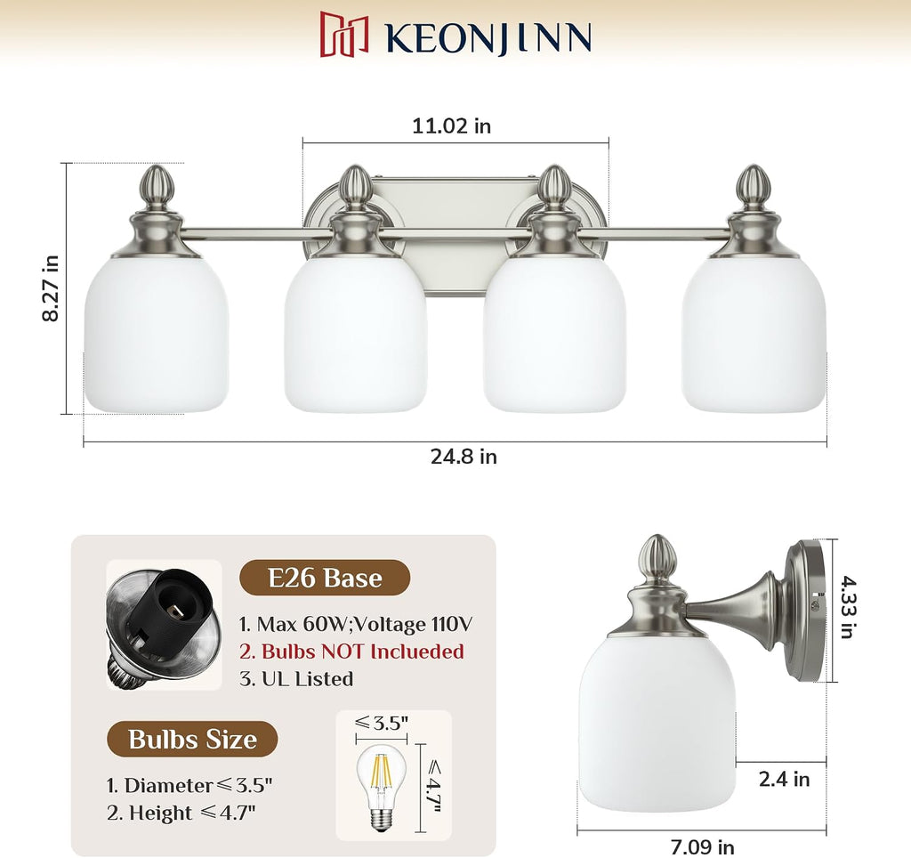 4-Light Brushed Nickel Vintage Bathroom Light Fixtures Over Mirror | 2X Thicker Frosted Glass Shade, UL Listed E26