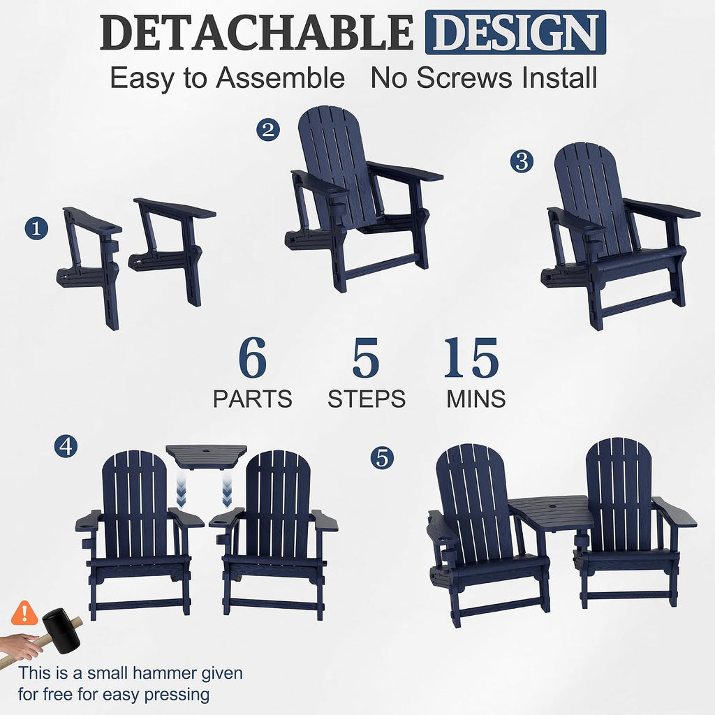 Adirondack Chairs Set of 2 with Removable Tabletop, Outdoor HDPE Plastic Fire Pit Chair Set with Wooden Textured, Cup