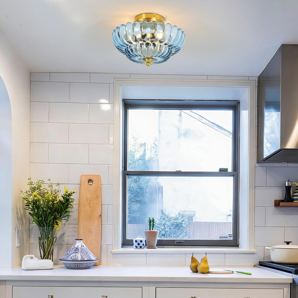 3-Light 12 Inch Blue Semi Flush Mount Ceiling Light | Modern Flush Mount Ceiling Light with Flower Glass Shade