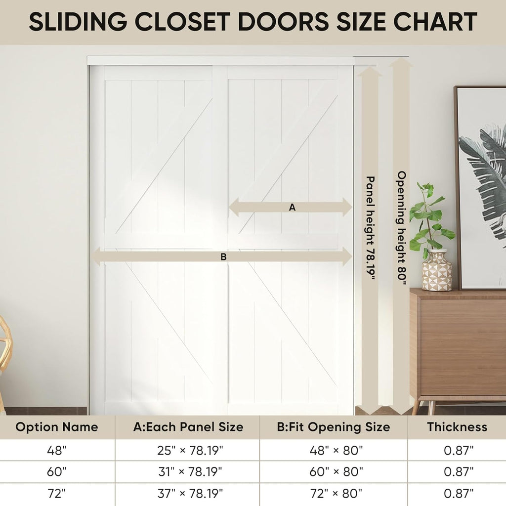 60"(Double 31") x80" Sliding Closet Door, K Style Bypass Closet Door with Hardware Kit & Matching Fa