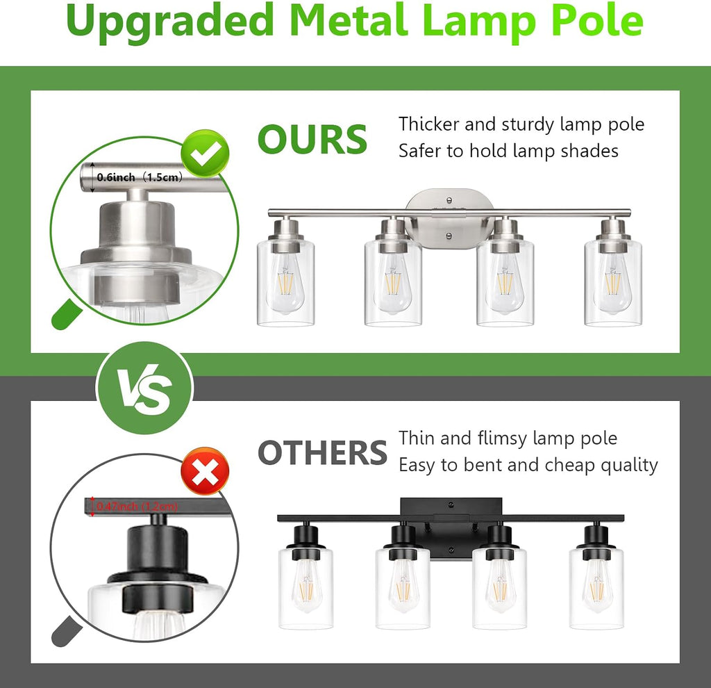 4-Light Bathroom Light Fixtures, Modern Vanity Lights with Clear Glass Shade, Brushed Nickel Wall Lamp Mirror Hallway