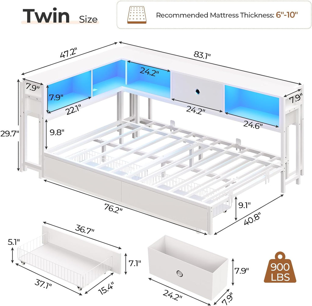 Corner Twin Bed Frame with Storage Drawers and Bookcase Headboard, Twin Size Metal Platform Corner Bed Frame with