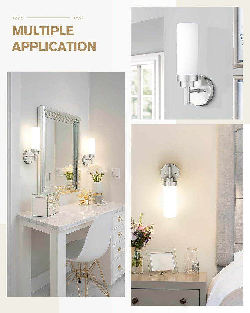 Brushed Nickel Sconces Wall Lighting, Modern Vanity Lights with Milk Glass Shade, Wall Sconce , WS085-BN-ML-2PK