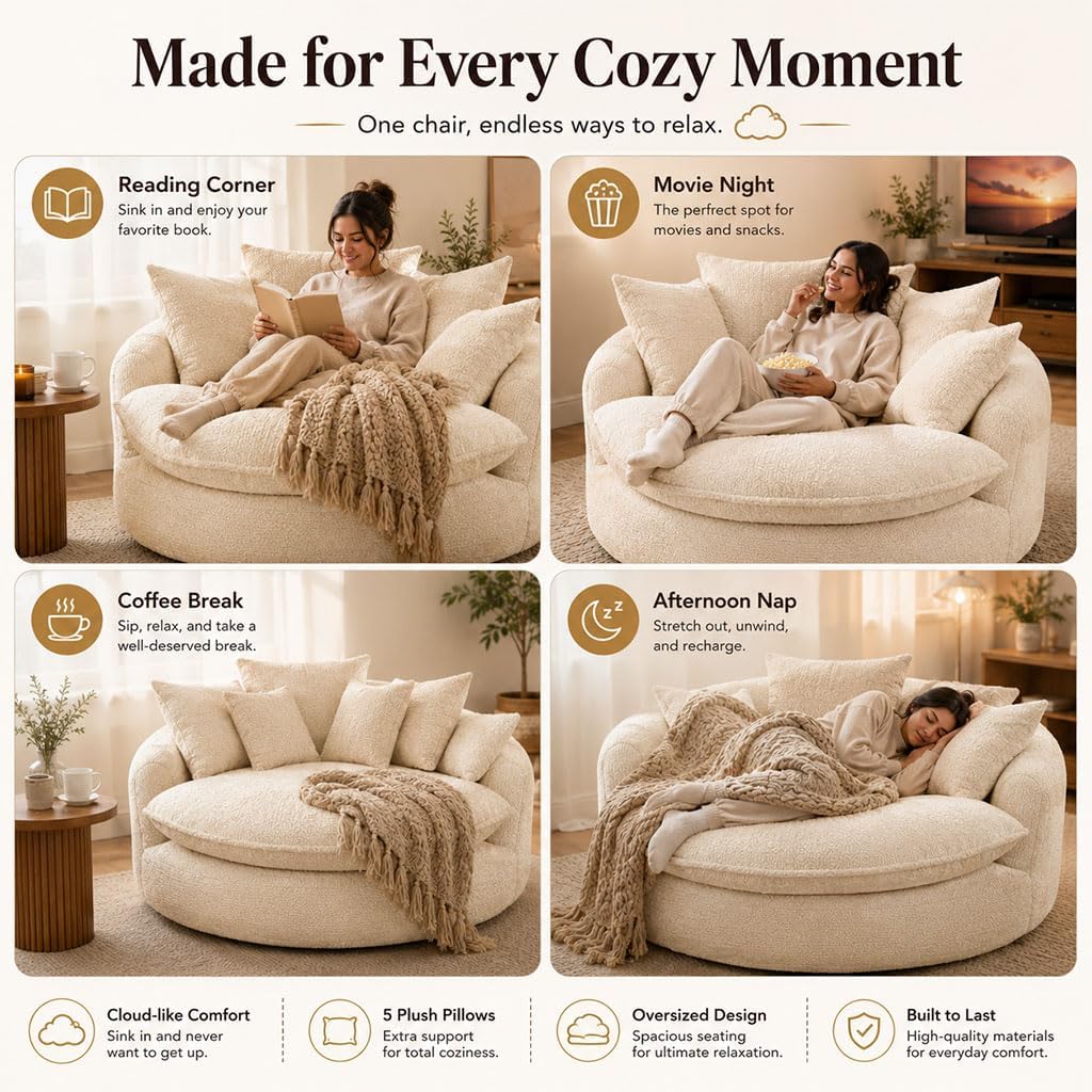 Oversized Round Lounge Chair Indoor, 56" Deep Seat Circle Sofa with Double Armrests & Pillows, Fluffy Cloud Chenille