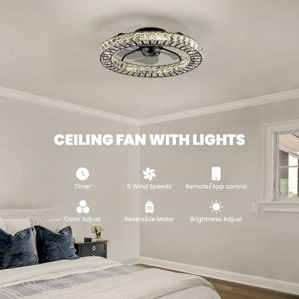 Crystal Ceiling Fan with Light and Remote, 22" Luxury Dimmable Chandelier Ceiling Fan, Modern LED Fan