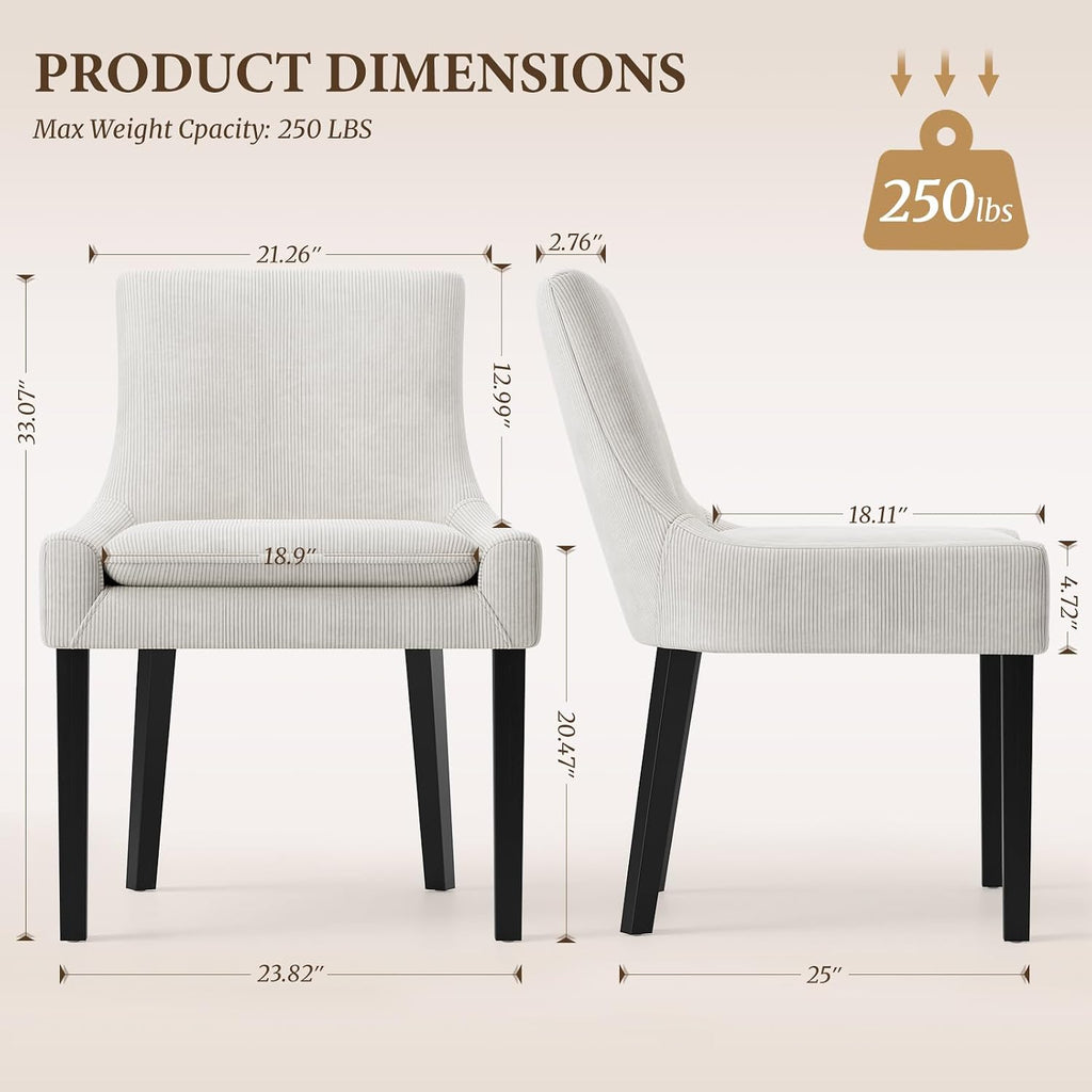 Upholstered Dining Chairs Set of 2, Mid-Back Kitchen Room Chair with Wood Legs, Corduroy Padded Dining Side Chairs