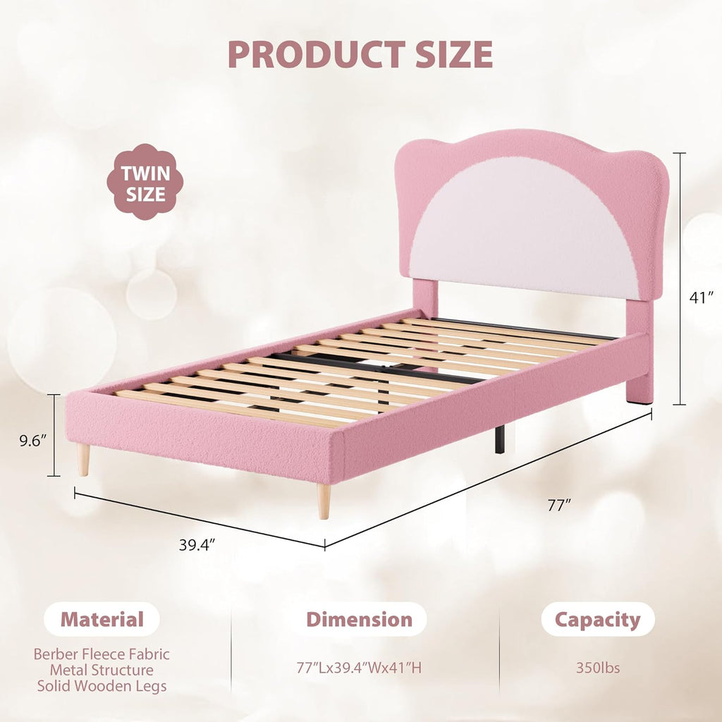 Twin Size Bed Frame for Kids - Cute Velvet Princess Platform Bed with Upholstered Headboard for Girls/Boys, Solid
