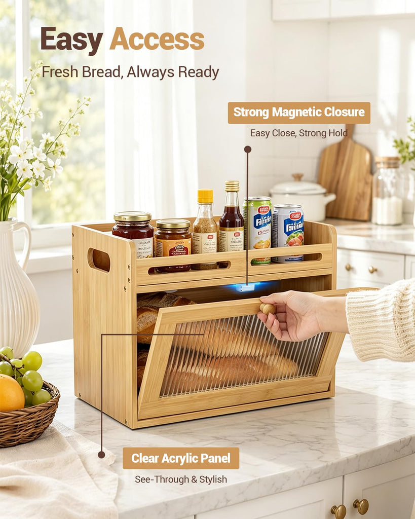 Bread Box - Countertop, Bamboo Storage Container with Top Shelf