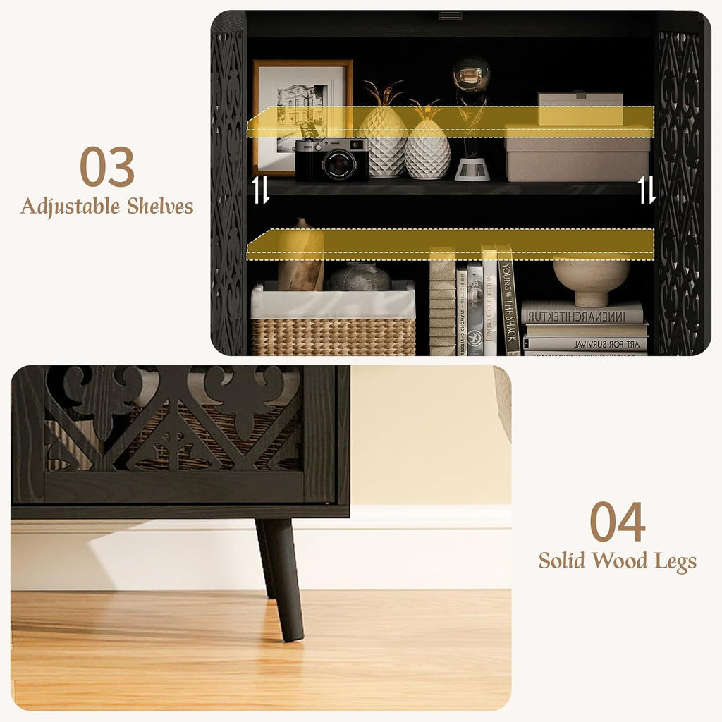 31.5" Small Black Accent Sideboard Buffet Cabinet with Storage, Vintage Storage Cabinet with Carved Wood Doors