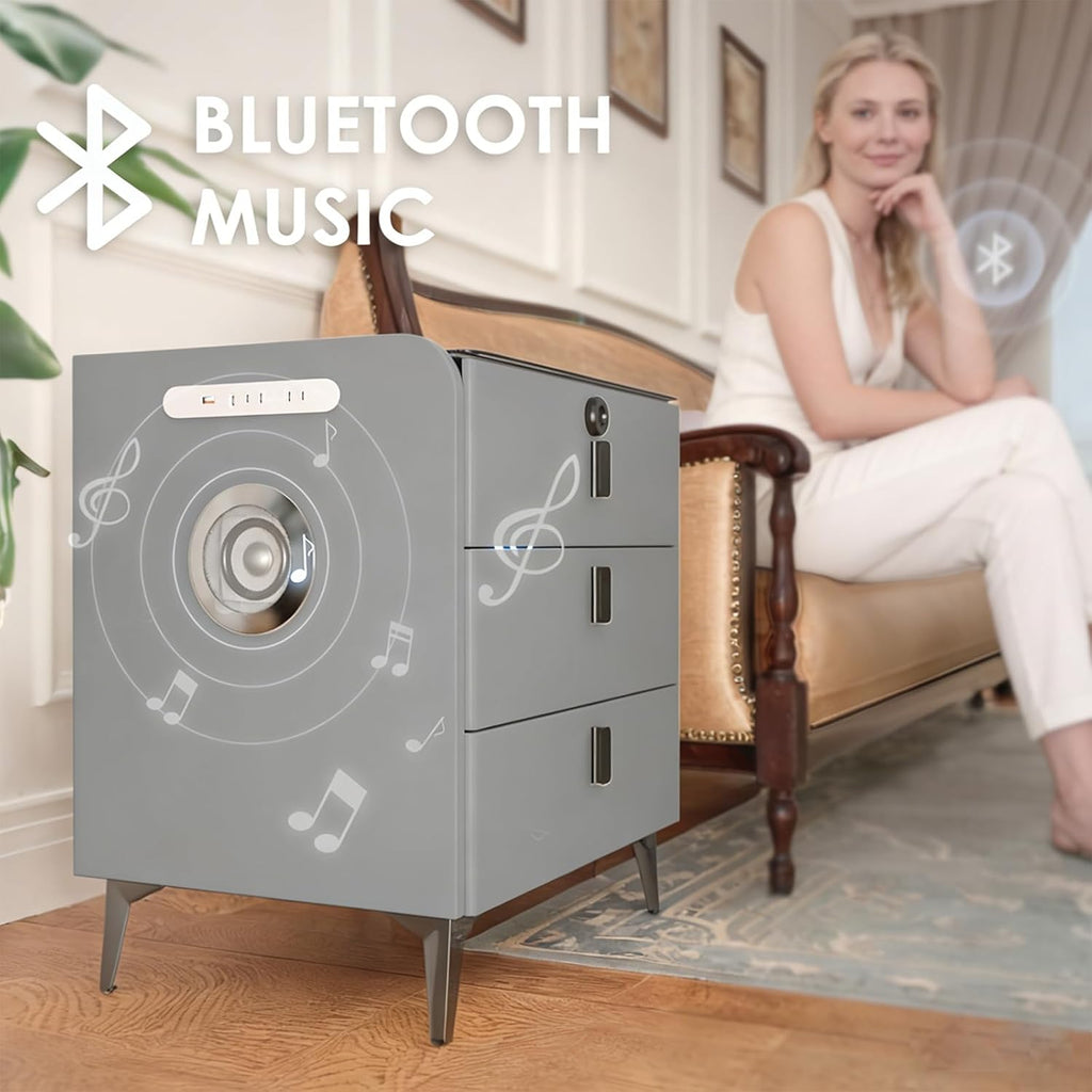 Smart Nightstand with Wireless Charging, Nightstand with Fingerprint Lock Drawer, Night Stand with Charging Station,2