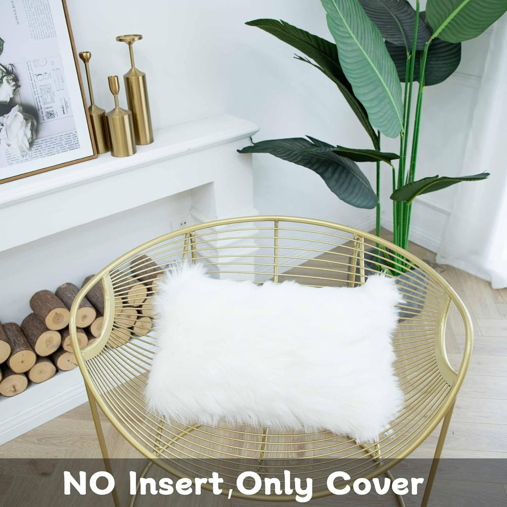 Decorative Lumbar Soft Faux Fur Throw Pillow Cover Luxury Series Rectangle Plush Pillow Case Cushion Cover, White)