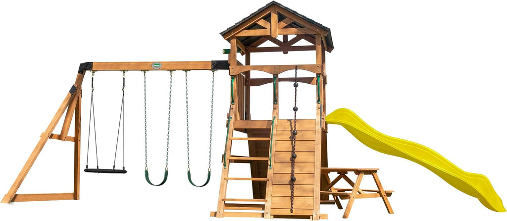 Endeavor II Cedar Wood Swing Set with Wave Slide, Play Deck, Double Rock Wall, Picnic Table, Climbing Wall, Belt