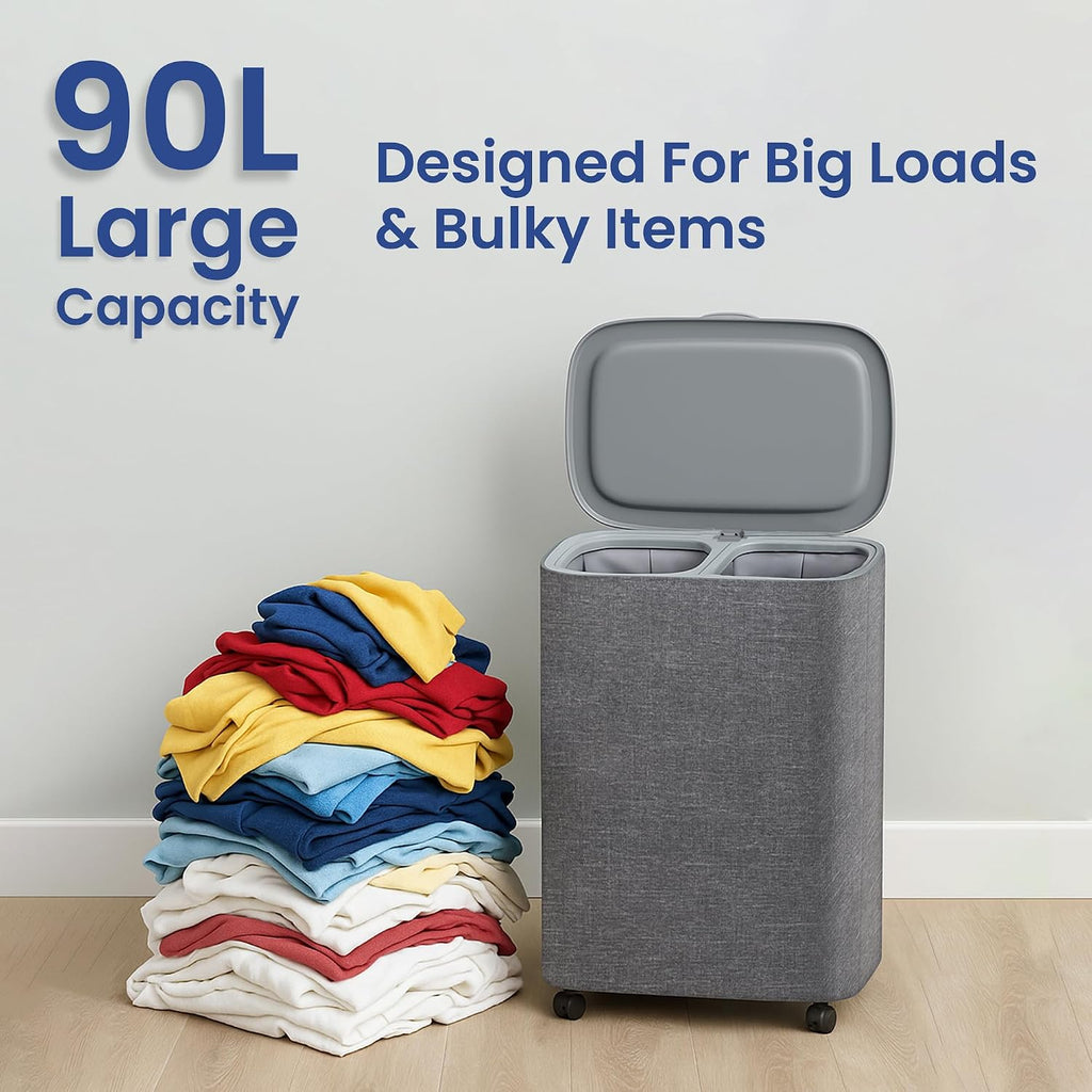 Dual Section 90L Laundry Basket with Wheels and Lid - Tall divided Double Laundry Hamper with 2 Removable Washable
