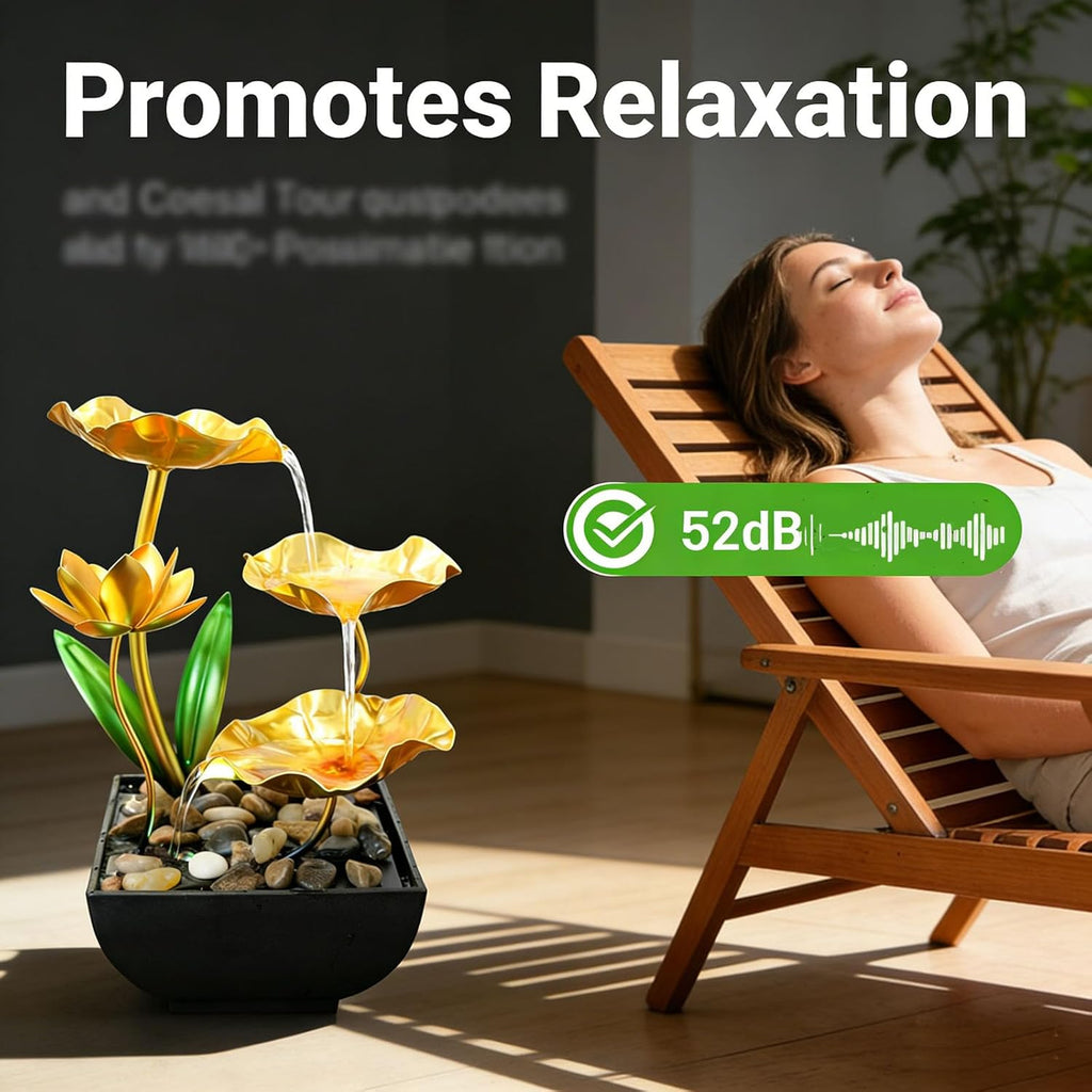 11‘’ H Gold Tabletop Water Fountain, Zen Desktop Waterfall, Indoor Lotus Desktop Decorative Fountain, Home Bathroom