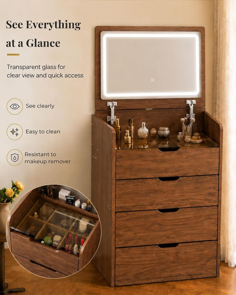 Small Vanity with Mirror and Lights for Small Space, 3-in-1 Compact Makeup Vanity Desk with Storage, Flip Top Vanity