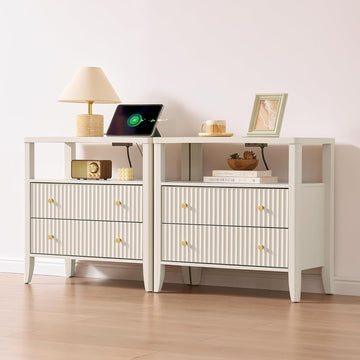 Fluted Nightstand with Charging Station Set of 2, 27.3" Wide Modern Bedside Table with 2 Drawers & Open Shelf, Large