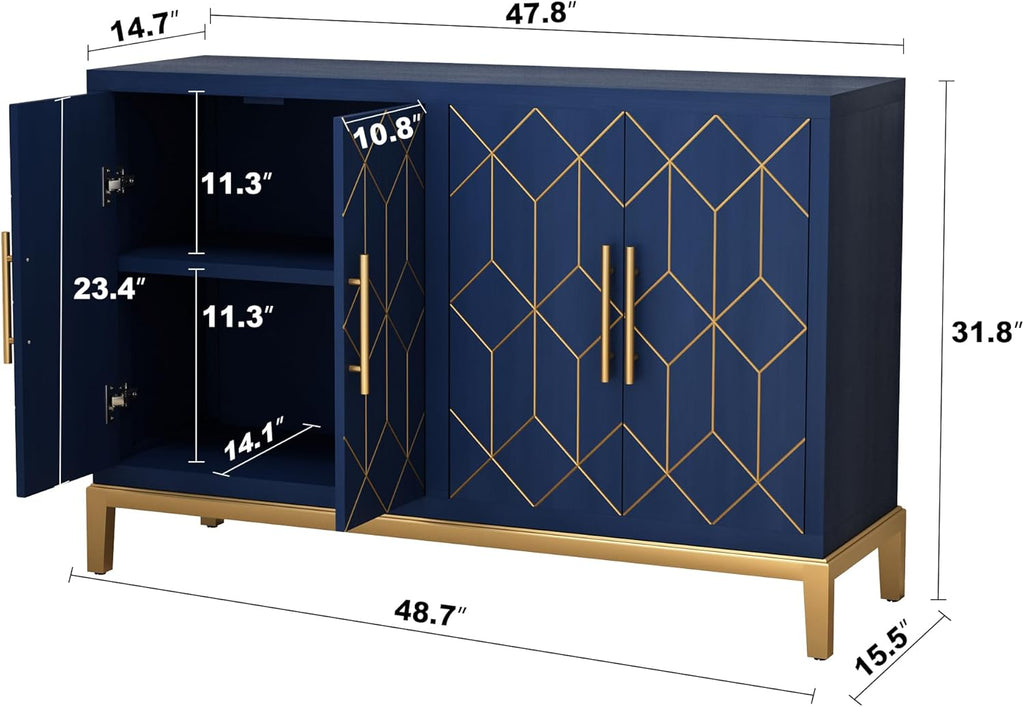 47.8" Storage Accent Cabinet with 4 Doors, Modern Sideboard Buffet Cabinet with Gold Lines