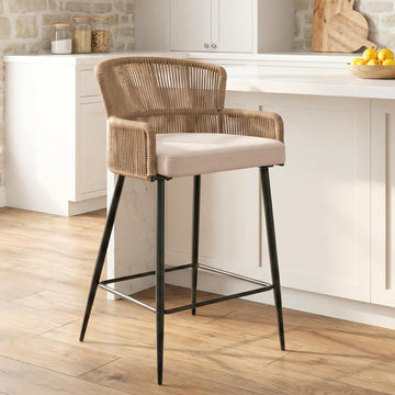Farmhouse Woven Bar Stool, 26 Inch Linen Upholstered Rattan Barstool with Curved Backs, Modern Cane Counter Height