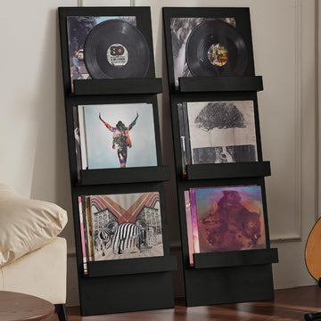 Wall-Leaning Vinyl Record Holder Set of 2 with 3 Tier Display Shelf, 47.5'' Tall Record Storage Magazine Holder