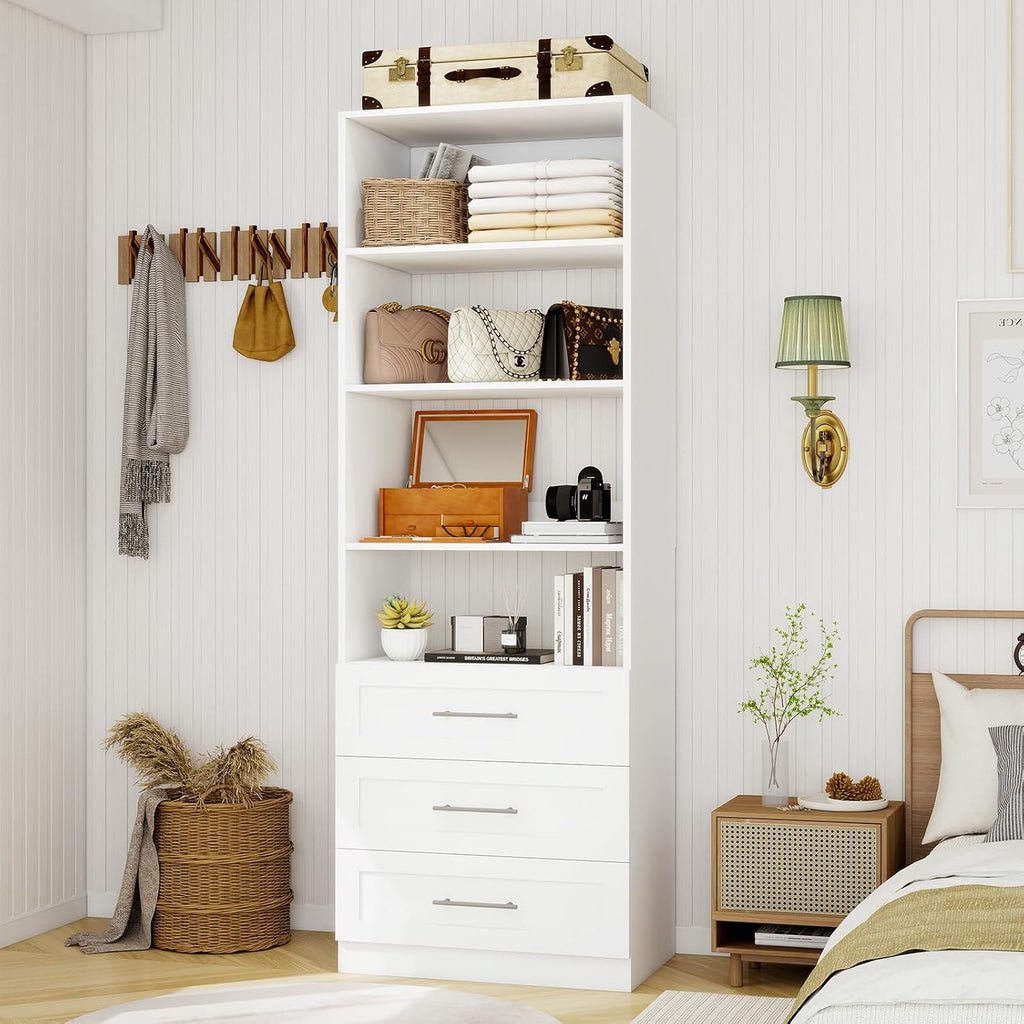Closet System with 3 Drawers & 4 Shelves, Wood Closet Organizer System with 1 Extra Hanging Rod for Walk in Closet