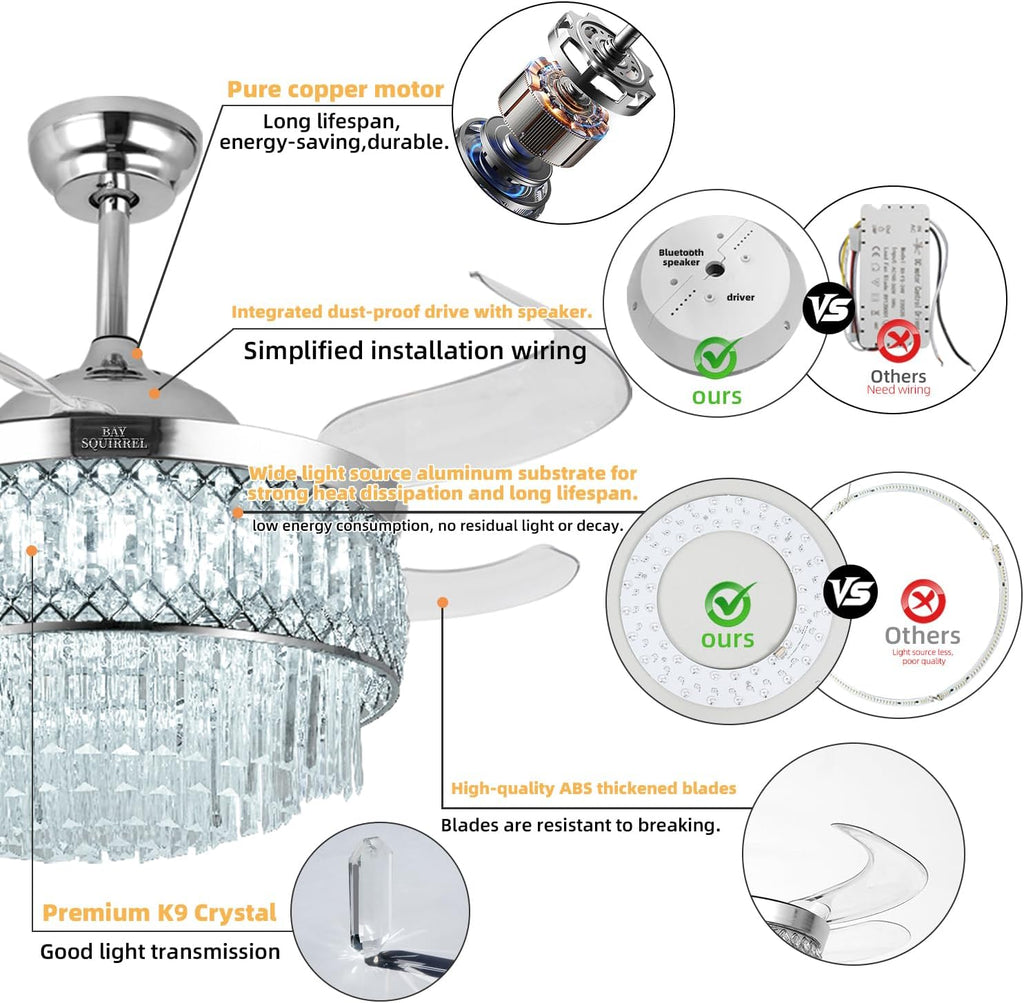 Retractable Crystal Ceiling Fan with Lights, Bluetooth Ceiling Fan with Speaker, 6-Speed Reversible Blades