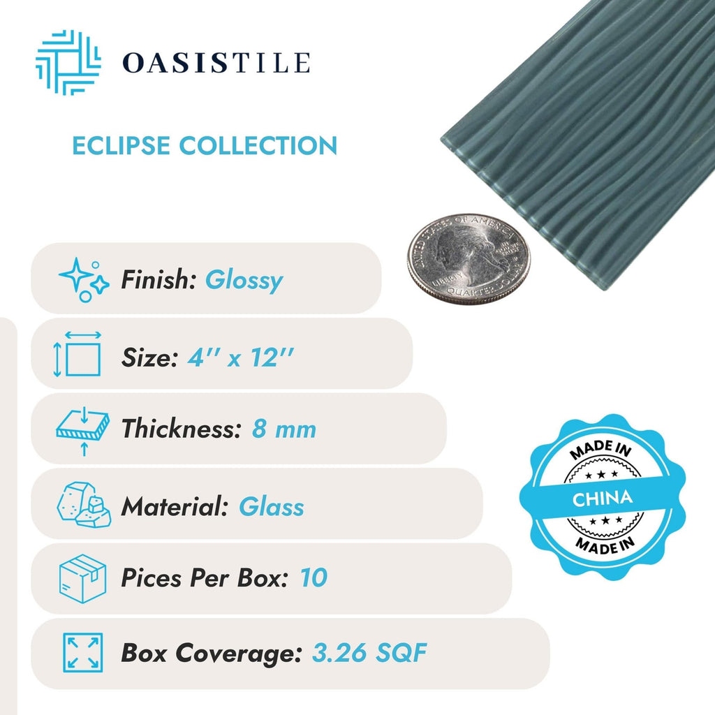 Oasis Tile Eclipse Grey Wave | 4x12 Glossy Glass Subway Tile