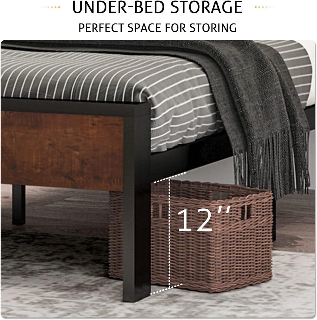 14 Inch Queen Metal Platform Bed Frame with Wooden Headboard and Footboard, Mattress Foundation, No Box Spring