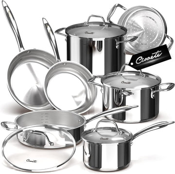 11-Piece Tri-Ply Stainless Steel Pots and Pans Set, 18/10 Stainless Steel Cookware Set with Steamer Insert, Induction