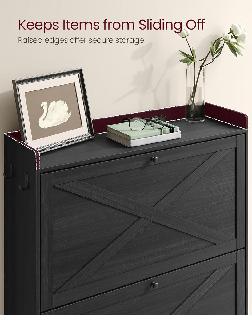 Shoe Storage Cabinet Organizer with 2 Flip Drawers, Freestanding Narrow Shoe Rack Cabinet , Farmhouse Style, Fits 14