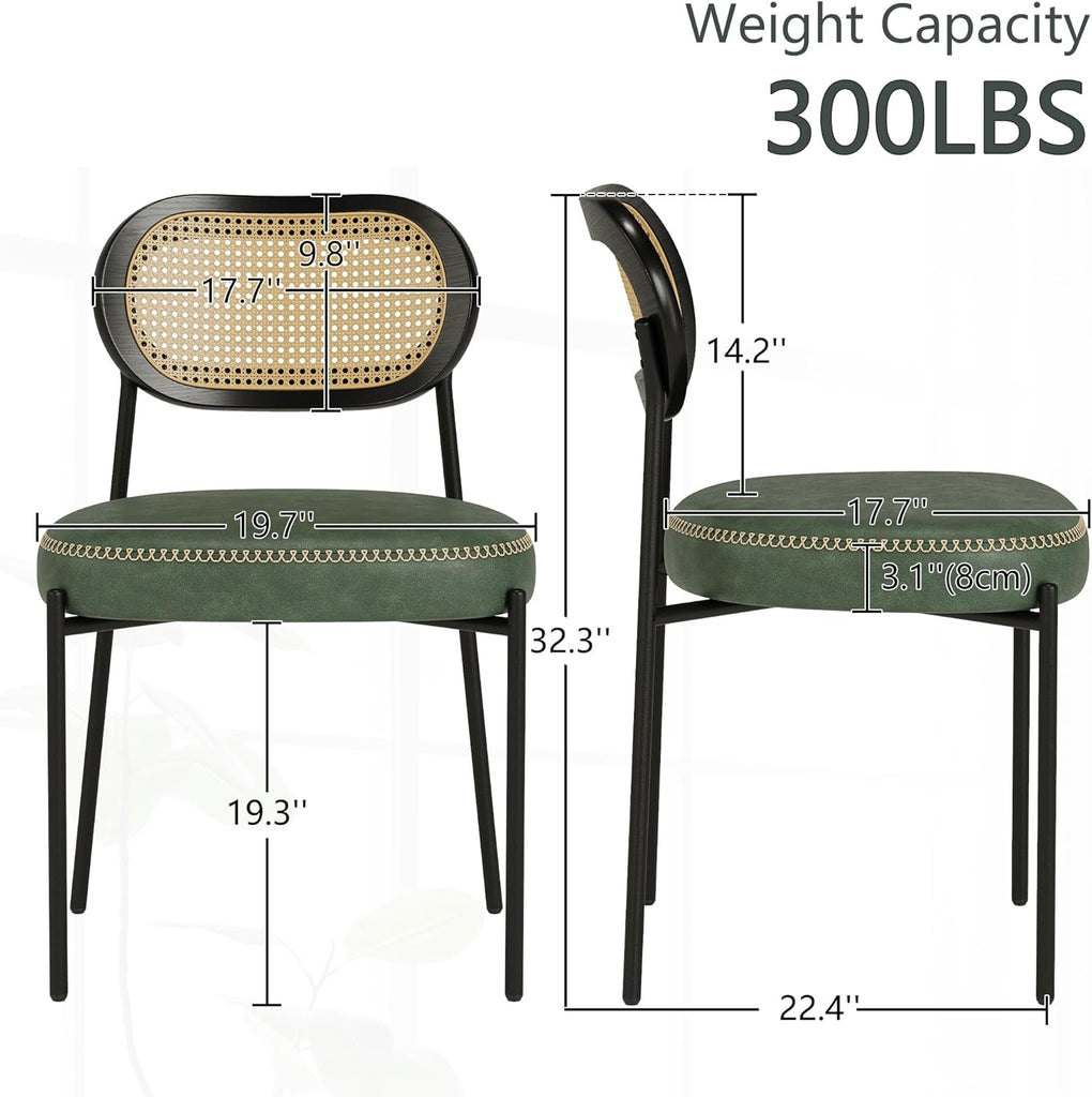 Rattan Dining Chairs Set of 4, Green Leather Upholstered Dining Chairs with Rattan Cane Back, Mid Century Modern