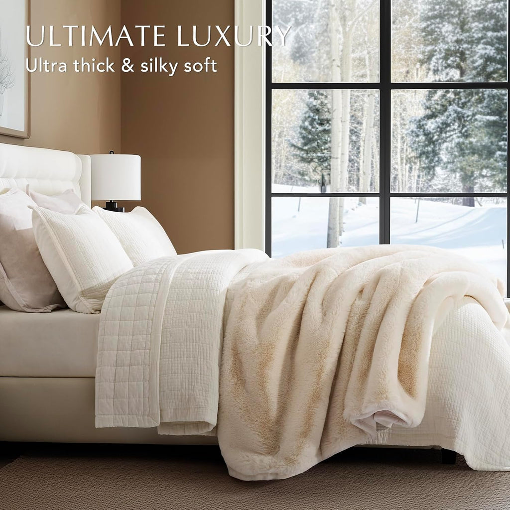 Faux Chinchilla Fur Throw Blanket, 50"x60", Arctic White | Luxury, Super Soft, 1220GSM, Fluffy Cozy Mink, Reversible