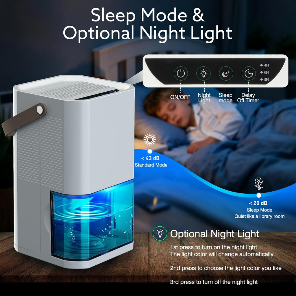 Dehumidifier Dual Core Compact Quiet for Home. Portable, Auto Shut OFF, 57OZ Water Tank. Delay