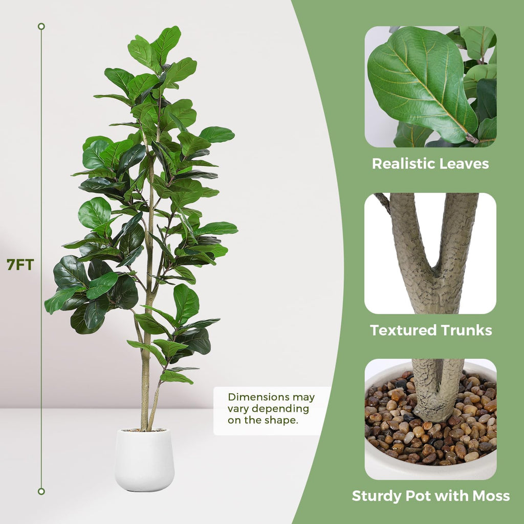 Artificial Fiddle Leaf Tree, 7ft Faux Plant Fake Ficus Lyrata Trees with White Planter - Perfect Indoor Home Decor