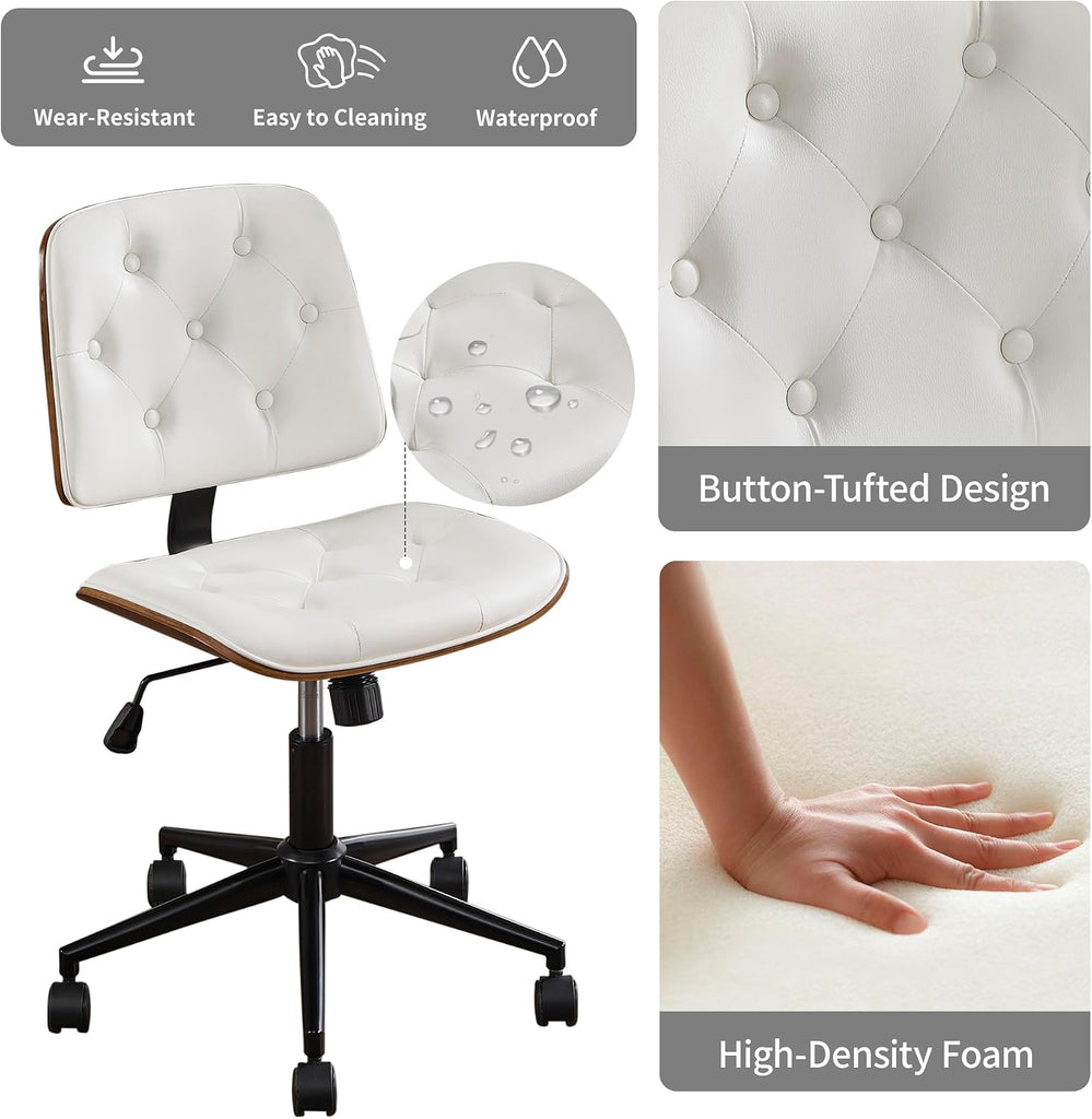 Small Home - Armless Mid Back Desk Chair with 360° Swivel and Wheels, PU Upholstered Height Adjustable Modern Walnut