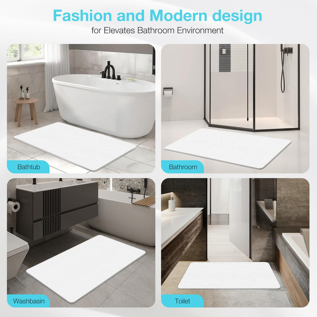 Large Fast Drying Diatomite Stone Bath Mat, 30" x 17" White