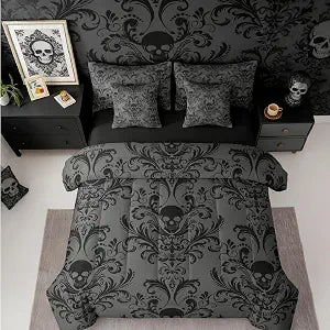 Gothic Damask Bed in a Bag King Comforter Set 7 Pieces,Sugar Skull Bedding Sets Black Grey Victorian Floral Goth - Set of 7