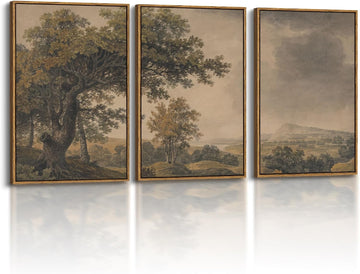 Vintage Nature Landscape Framed Canvas Wall Art Set of 3, Beige Brown 16x24 Triptych Tree Mountains Sky Scenery