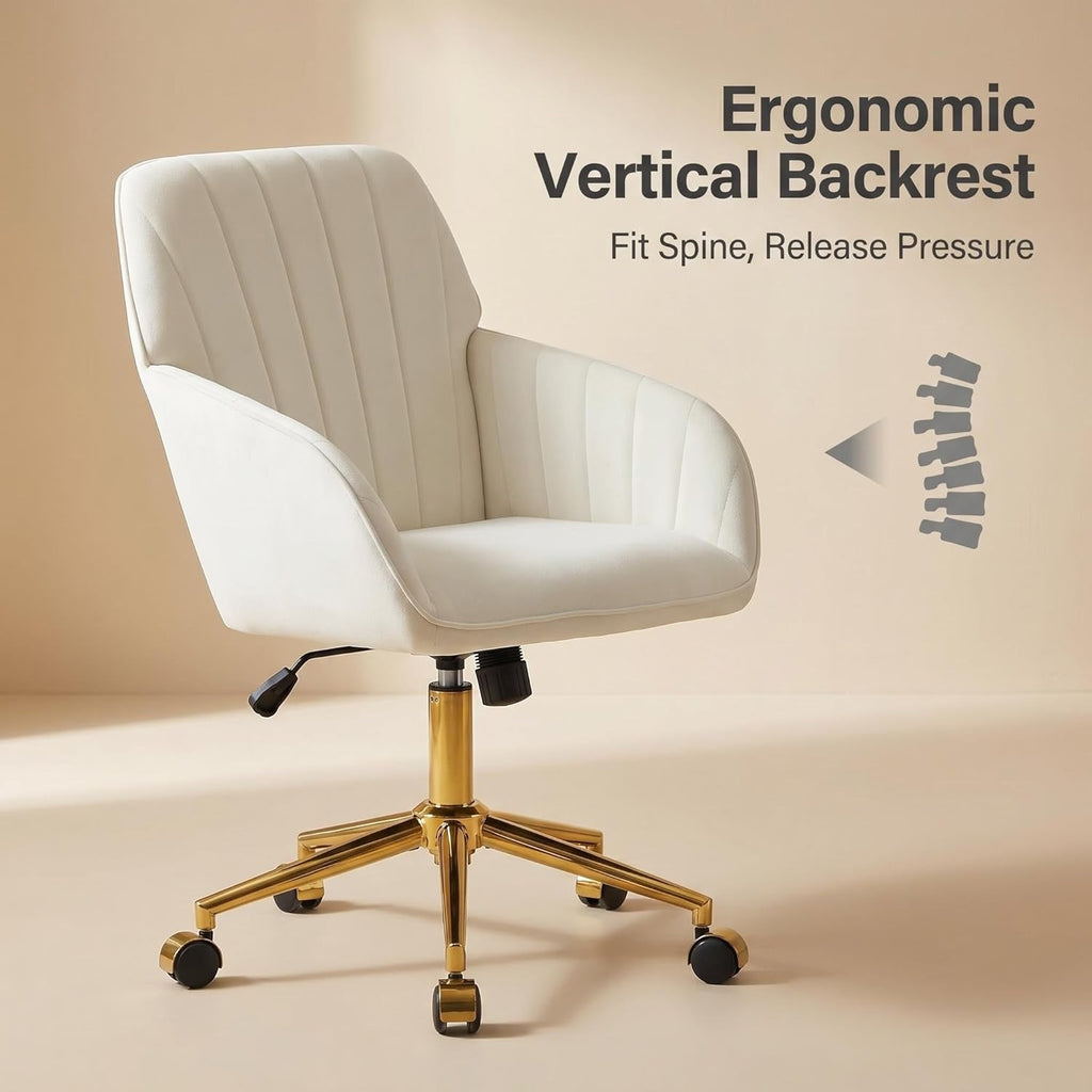 Velvet Home Office Desk Chair, Modern Cute Computer Task Chair with Back, Height Adjustable Upholstered Vanity Chair