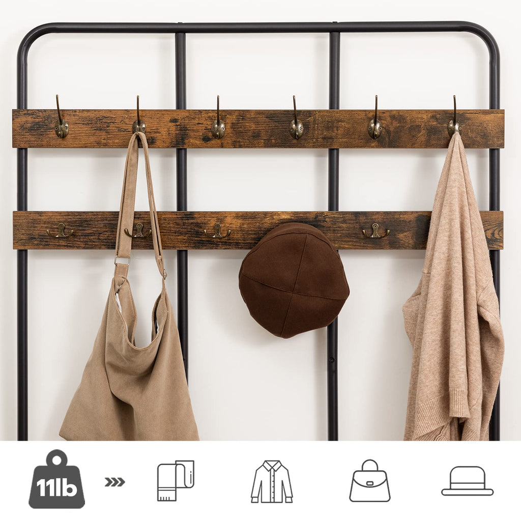 Hall Tree with Bench, Entryway Bench with Coat Rack, Mud Room Rack with 12 Double Hooks and Shoe Storage, Coat Tree