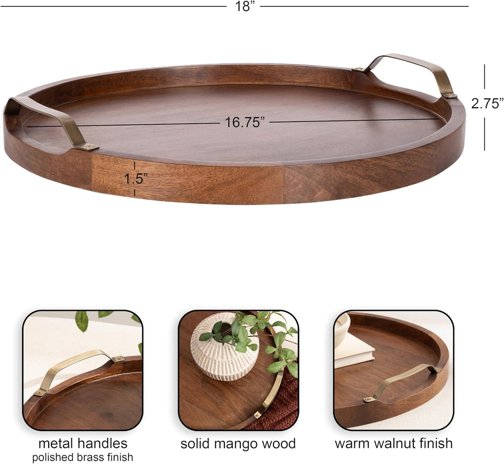 Farson Modern Decorative Wood Round Ottoman Tray with Handles, 18 Inch Diameter, Walnut Brown and Antique Brass